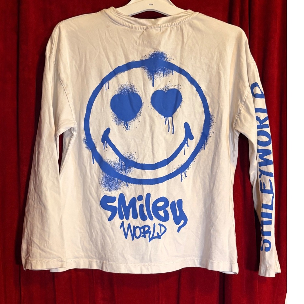 Zara Smiley World T-Shirt Kids 11-12 White Good Long Sleeve Graffiti Heart Eye - Picture 4 of 7